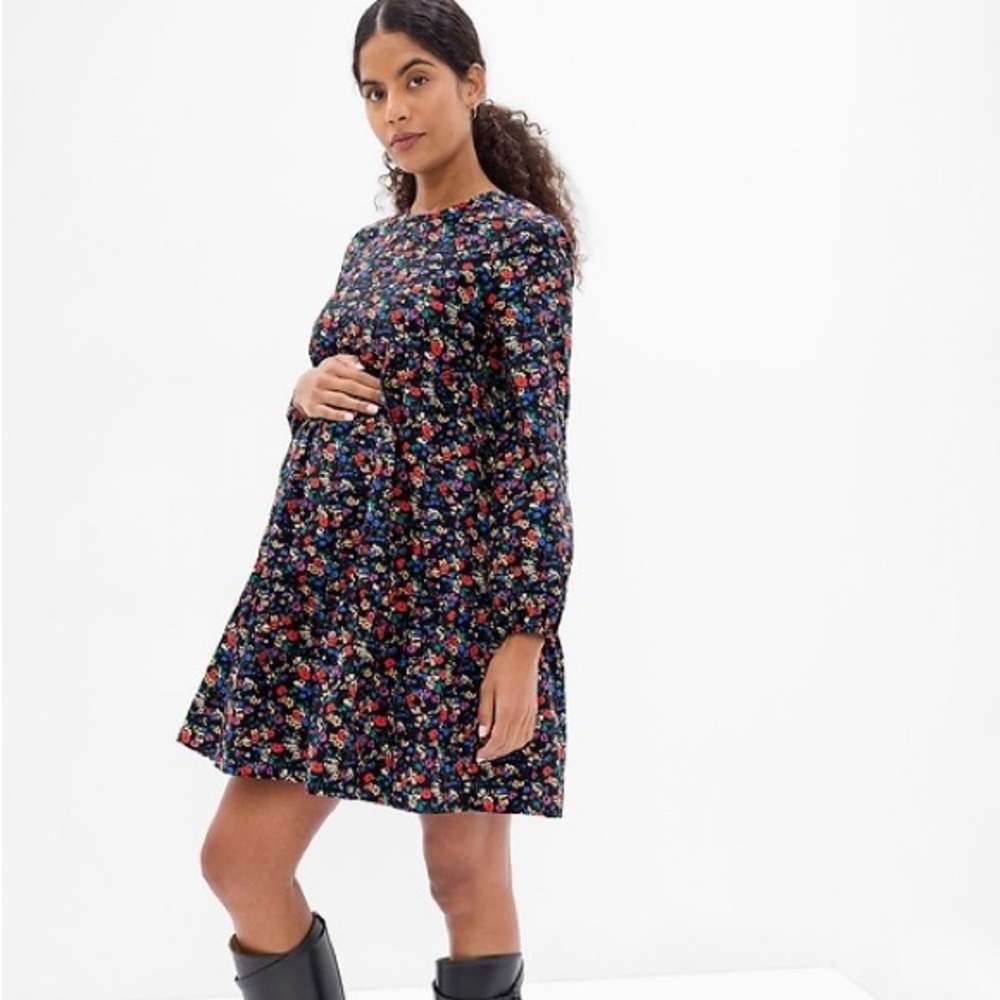 Gap Maternity Tiered Dress L Large Black Multi Dainty Floral Print Long Sleeve